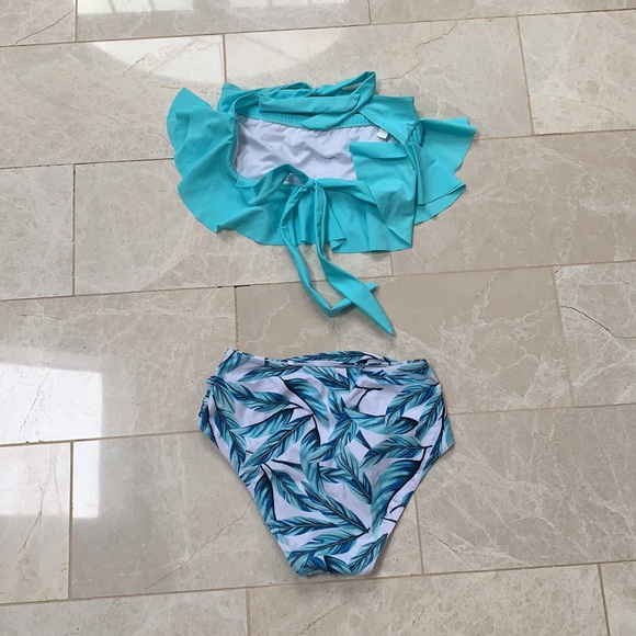 SHEIN blue bikini; high waisted palm tree bottoms - Picture 2 of 3